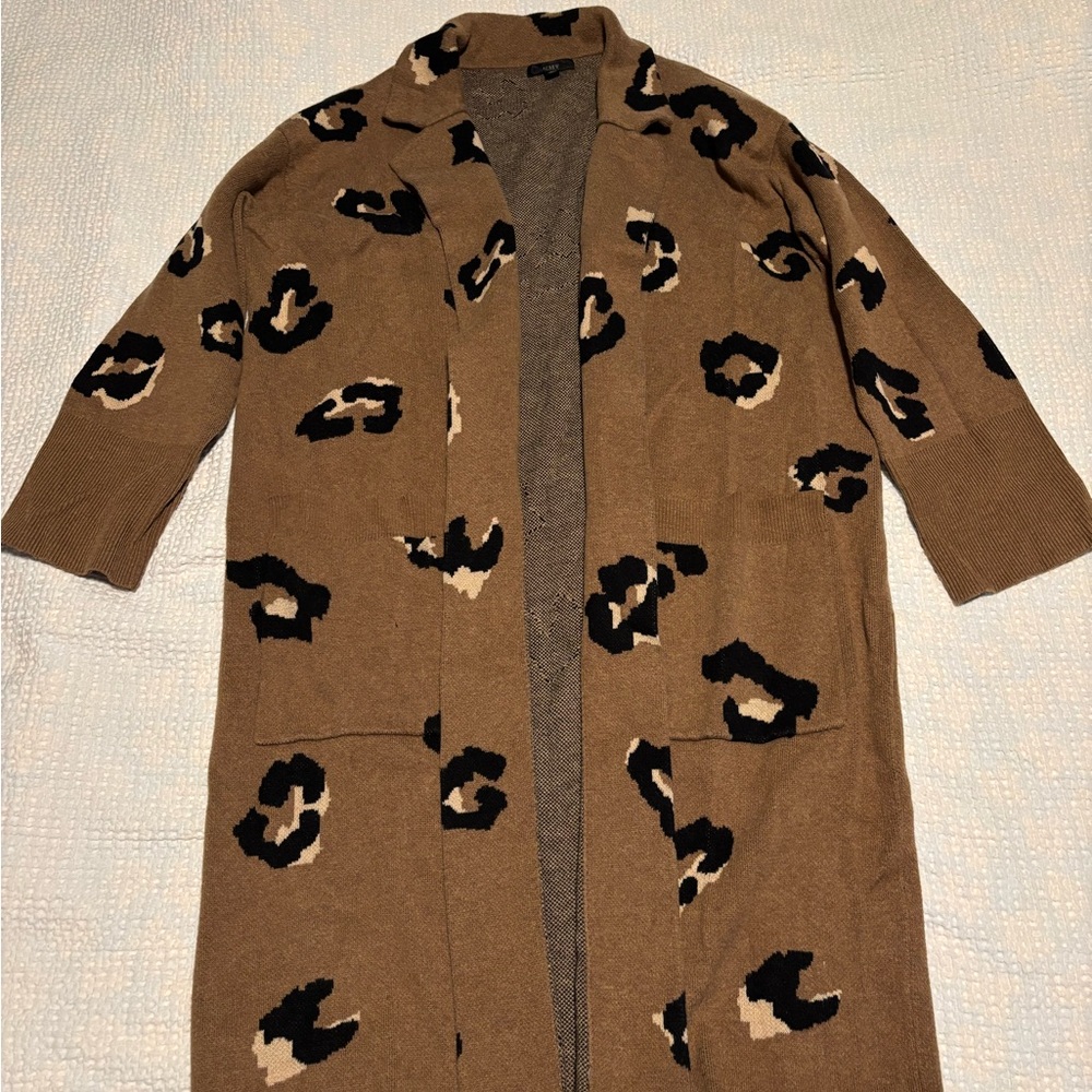 J. Crew Brown and Black sweater coat with Animal Print